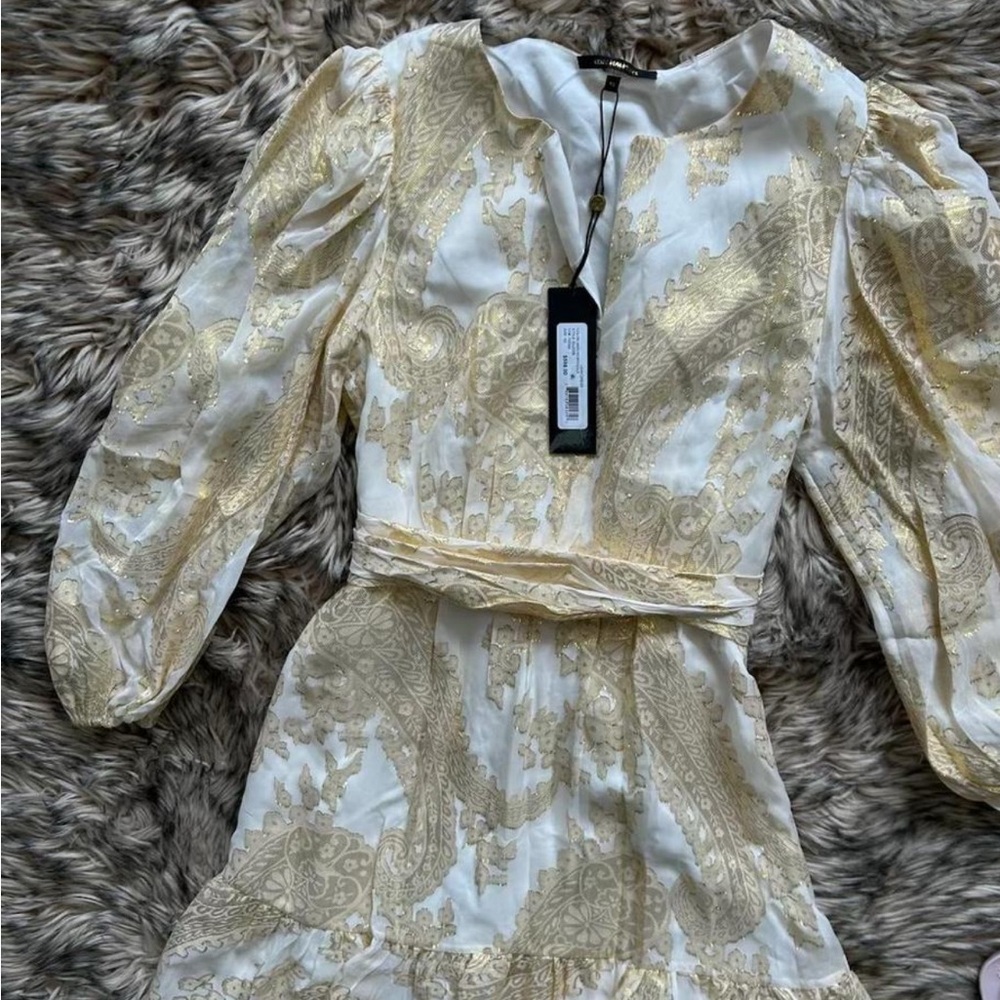 Kobo Halperin Chic Gold and Cream Long Sleeve Dress